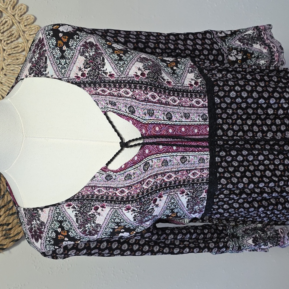 Knox Rose Purple and Black Patterned Tunic Dress Womens L Boho Western Flowy EUC - Picture 9 of 11